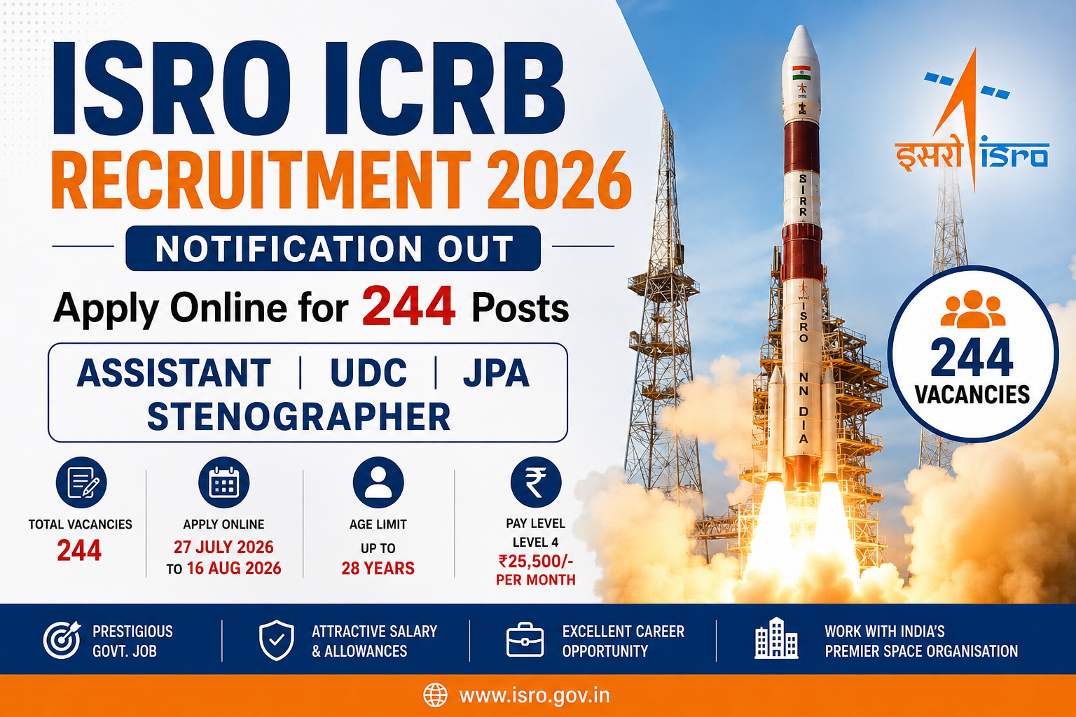 ISRO ICRB Recruitment 2026 Notification Out: Apply Online for 244 Assistant, UDC, JPA & Stenographer Posts